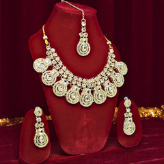 Gold-Plated Kundan & Crystal Studded Necklace And Earrings With Maang Tika