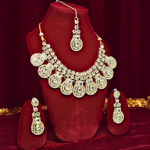 Gold-Plated Kundan & Crystal Studded Necklace And Earrings With Maang Tika