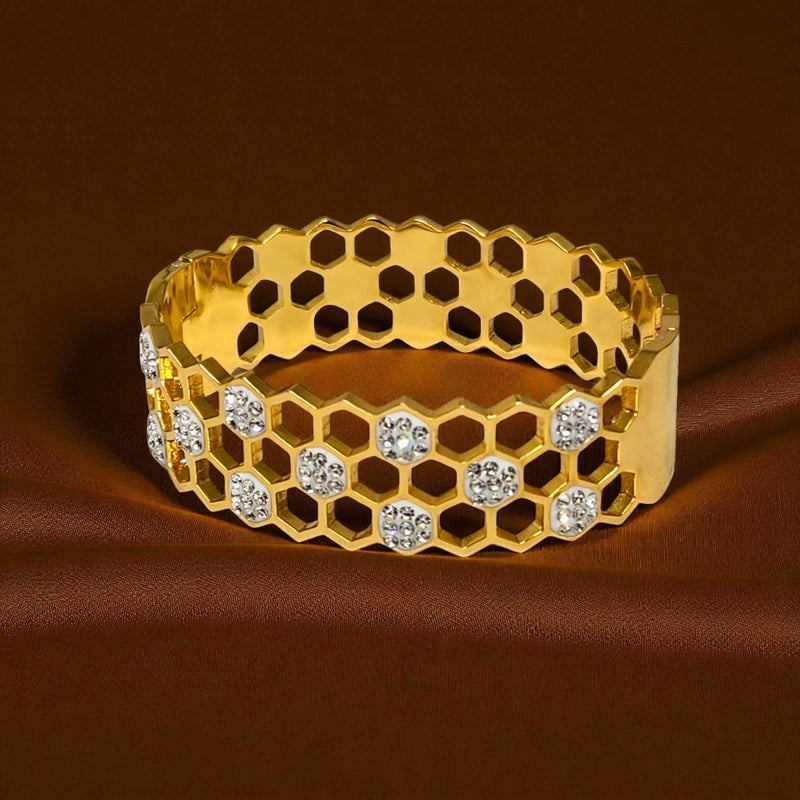 Stylish Honeycomb Design Gold-Plated Bracelet with Sparkling Crystal Studs for Women & Girls