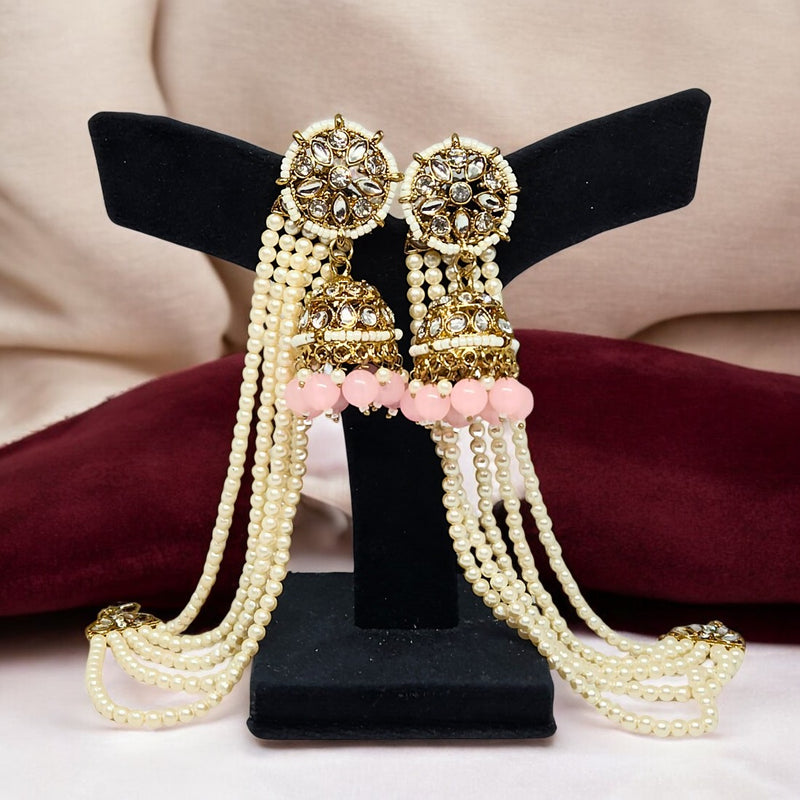 Baby Pink Traditional Kundan & Pearls Bahubali Chain Jhumka Earring For Women & Girls
