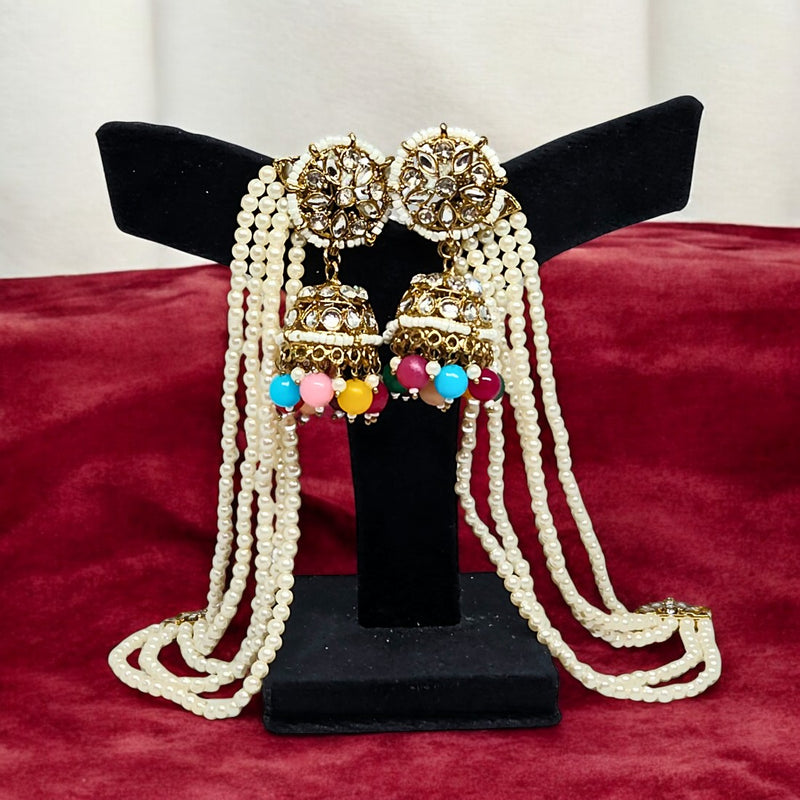 Multicolor Traditional Kundan & Pearls Bahubali Chain Jhumka Earring For Women & Girls