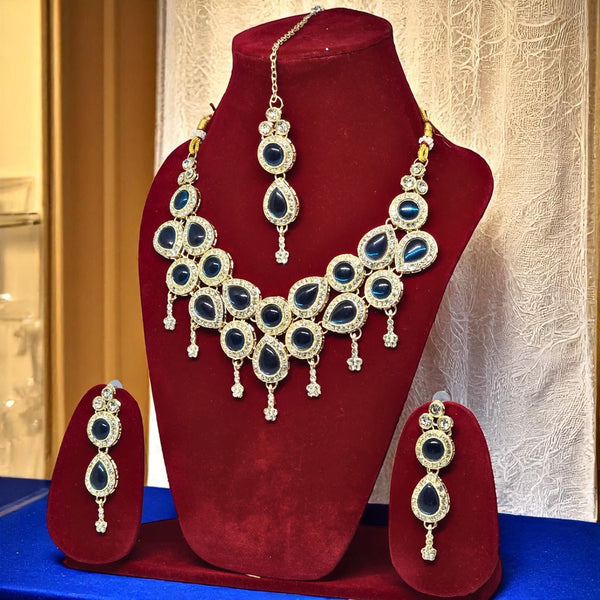 Monalisa Blue Colour Necklace Set with Earrings & Mangtika