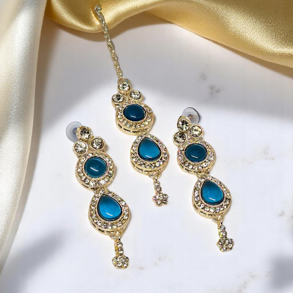 Monalisa Blue Colour Necklace Set with Earrings & Mangtika