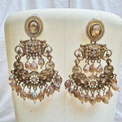 Women Gold-Plated Crystal Beaded Chandbali Earrings for Wedding & Festive Wear