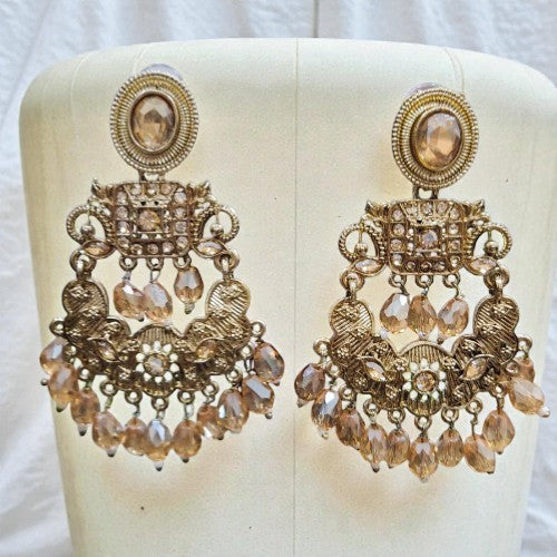 Women Gold-Plated Crystal Beaded Chandbali Earrings for Wedding & Festive Wear
