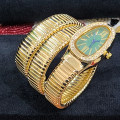 Green Dial Snake-Shaped Quartz Golden Bracelet Watch for Women with Elastic Winding and Oval Dial