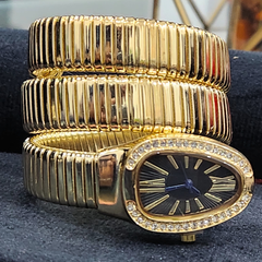 Black Dial Snake-Shaped Quartz Golden Bracelet Watch for Women with Elastic Winding and Oval Dial