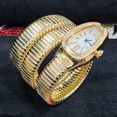 White Dial Snake-Shaped Quartz Golden Bracelet Watch for Women with Elastic Winding and Oval Dial