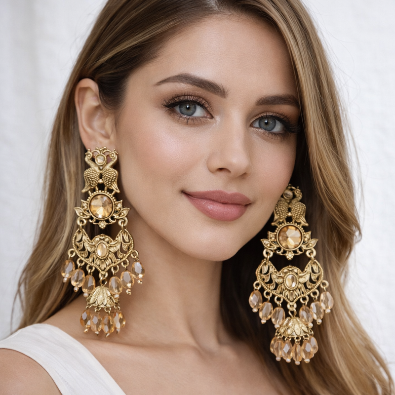 Women Gold-Plated Peacock Design Chandbali Earrings for Wedding & Festive Wear