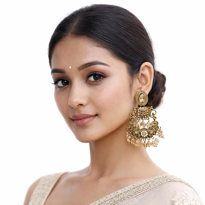 Women Gold-Plated Crystal Beaded Chandbali Earrings for Wedding & Festive Wear