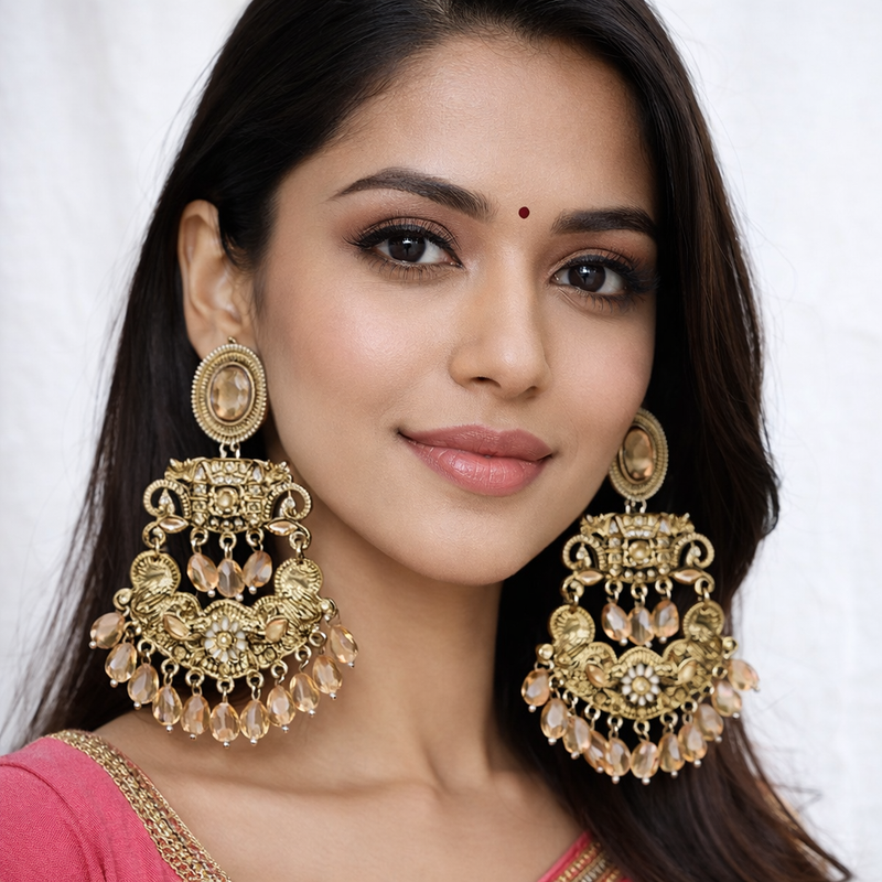 Women Gold-Plated Crystal Beaded Chandbali Earrings for Wedding & Festive Wear